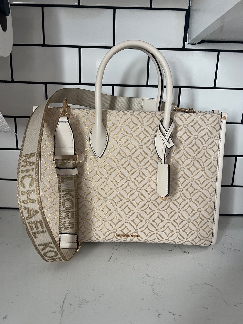 Michael Kors Cream & Gold MirellaTote with Branded Strap